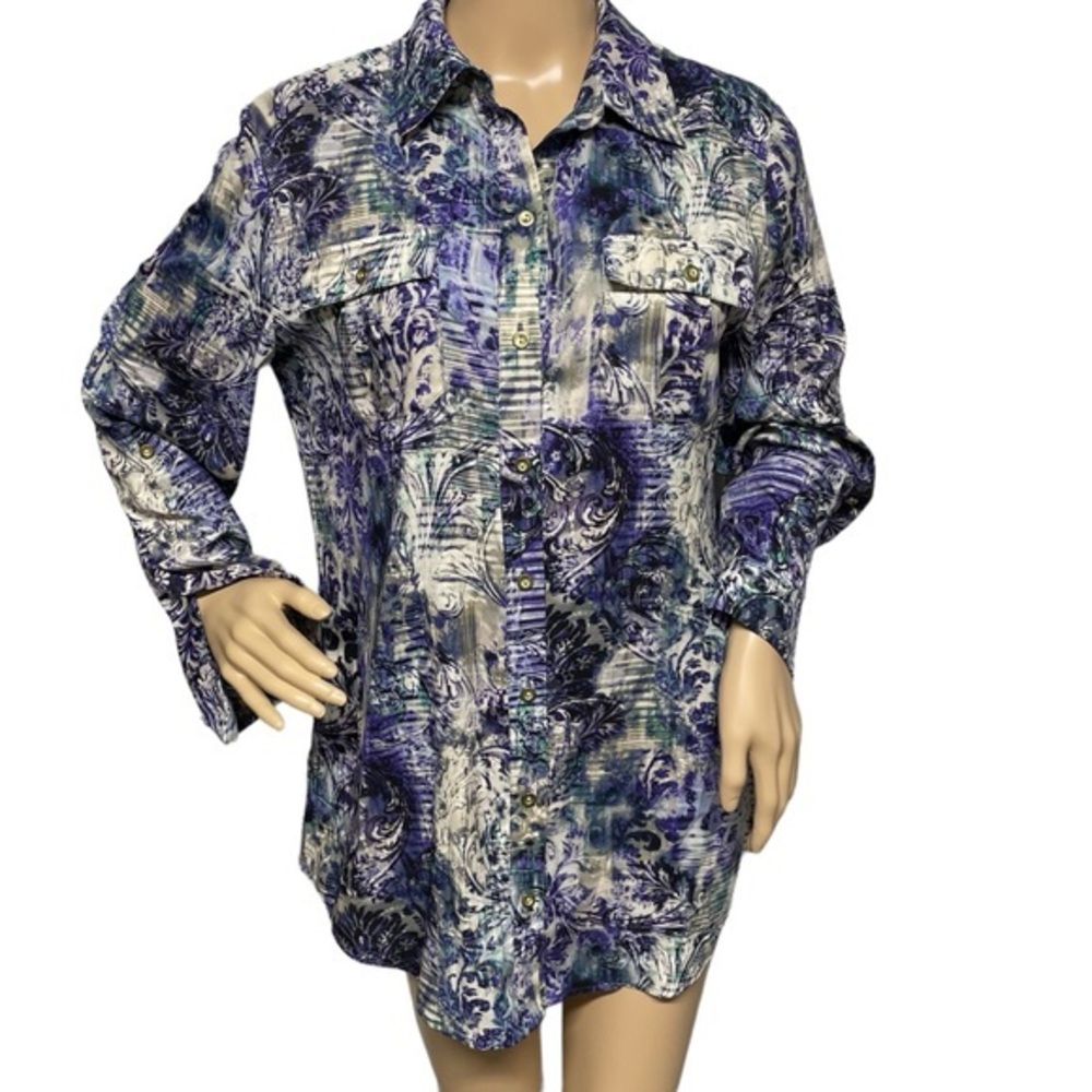 Chicos Purple 1 All Over Floral Print Tab Sleeve Button Up Shirt w/ Pockets EUC - Picture 1 of 14